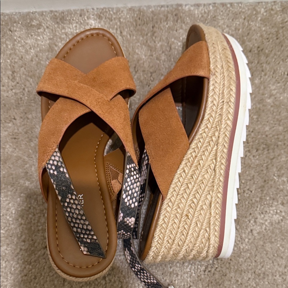 Marc Fisher Zevra Tan and Black Wedge Sandals